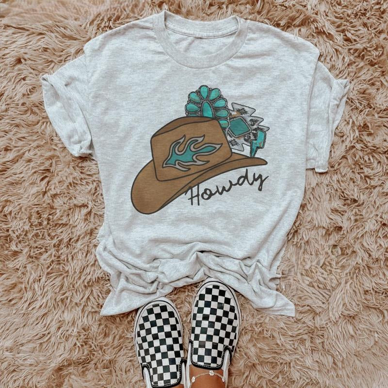 Vintage Aztec Howdy Hat T-shirt, vintage crewneck sweatshirts, western outfit women, cowgirl outfits, western clothing stuff tops, country concert outfits, western style clothes