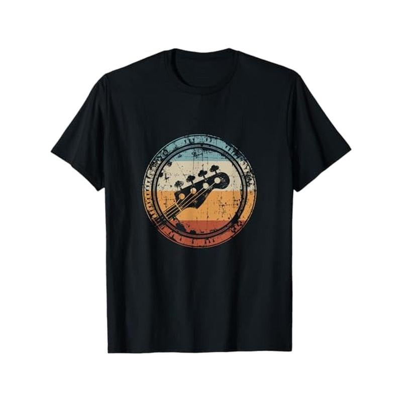 Vintage Bass Guitar Print Cotton T-Shirt for Musicians - Casual Round Neck Tee, Perfect Gift for Men & Women, Machine Washable - Black Made in USA