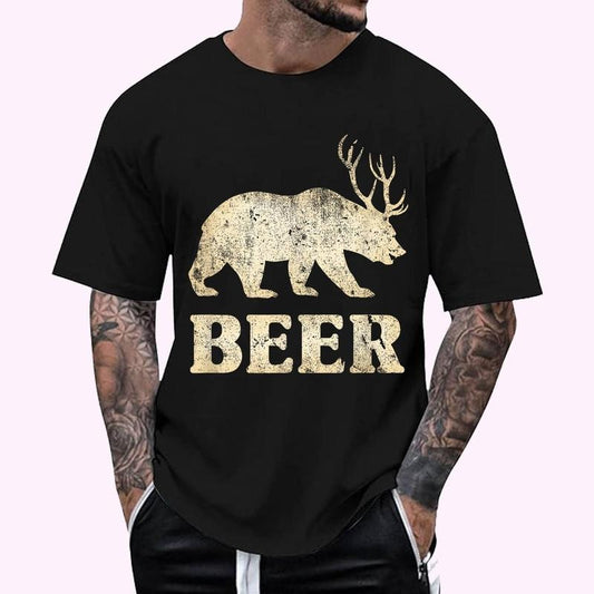 Vintage Bear Deer Funny Beer T-Shirt , Unisex Cotton 100%, Top Menswear