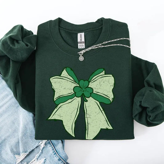 Vintage Bow, Coquette, St Patrick's Day, Shamrock, Clover, Lucky, Leprechaun Sweatshirt, Crew Neck, Women's, Crewneck