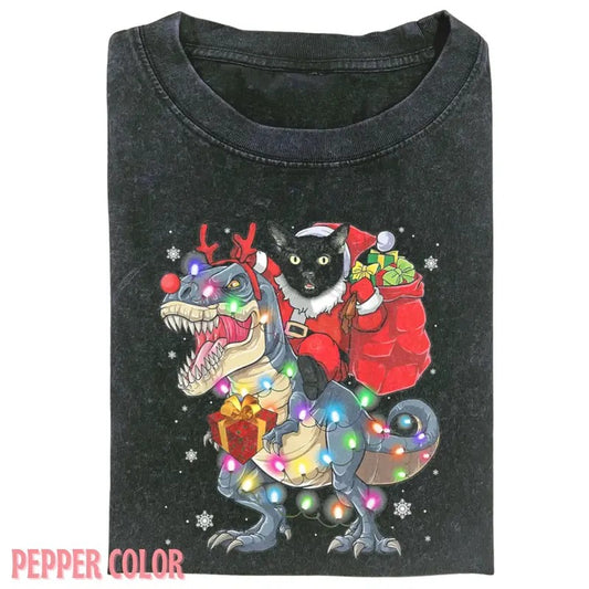 Vintage CAT RIDING A DINOSAUR T REX CHRISTMAS SHIRT, Funny graphic 90' Graphic tee Womenswear Top
