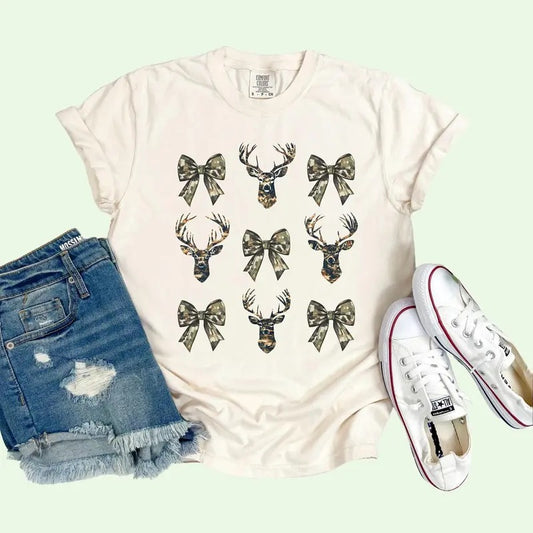 Vintage Camo Coquette Bow Sweatshirt, Dove Season Girls Camo Bow Tee, Hunting Camo Coquette Bow Sweatshirt, Full Sizes, Full Colors, Cotton Round Neck Tee Printed Top