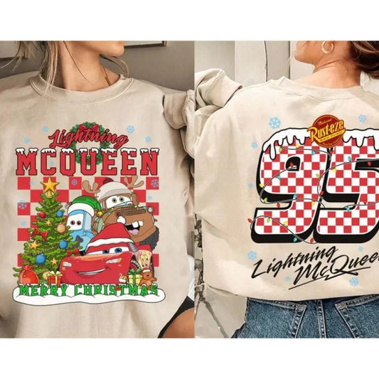 Vintage Cars Lightning Mc Queen Tow Mater Christmas Lights Shirt, Cars Xmas Shirt, Christmas Matching Family Shirts