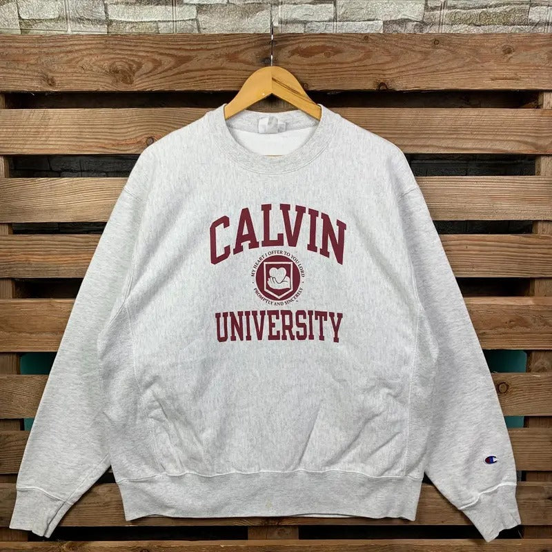 Vintage Champion Ncaa Calvin Sweatshirt Calvin Pullover Sweater Calvin Crewneck Jumper Calvin Print Graphic Logo Grey Colour Large Size