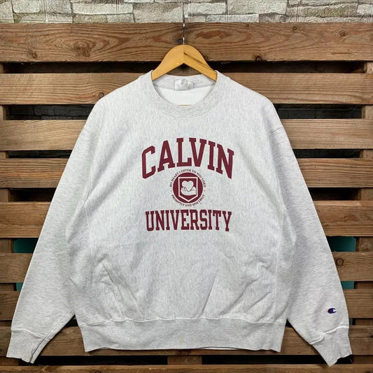 Vintage Champion Ncaa Calvin Sweatshirt Calvin Pullover Sweater Calvin Crewneck Jumper Calvin Print Graphic Logo Grey Colour Large Size