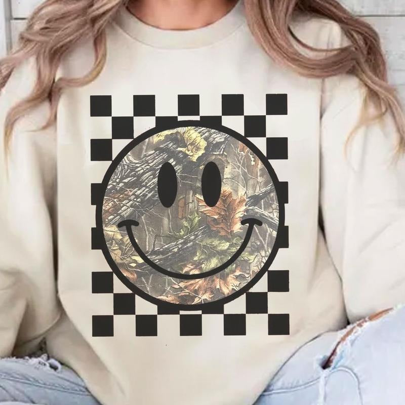 Vintage Checkered Camo Smiley Face Crewneck Shirt, Retro Camo Happy Face Checkered Tee, Camo Mom, Mama Gift