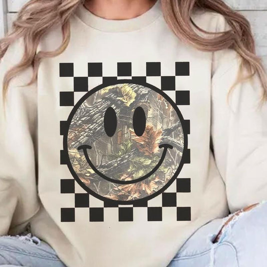 Vintage Checkered Camo Smiley Face Crewneck Shirt, Retro Camo Happy Face Checkered Tee, Camo Mom, Mama Gift