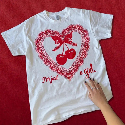 Vintage Cherry I'm Just a Girl T-Shirt - Retro Heart Lace Cherry Graphic Tee, Cute Pink Unisex Shirt, Sweet Gift for Cherry Lovers