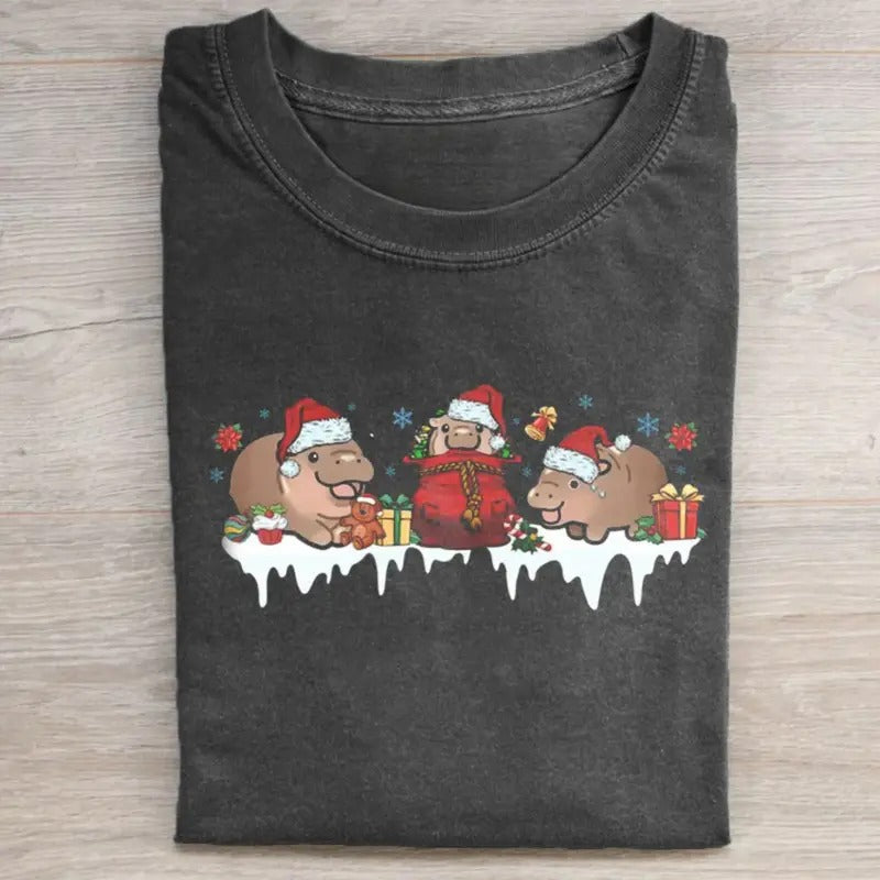 Vintage Christmas Funny Moo Deng Graphic Tee - Santa Claus - Christian Christmas - Cute Xmas Shirt - Christmas Gift