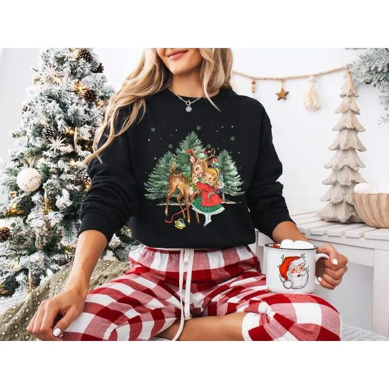 Vintage Christmas Girl and Reindeer Sweatshirt, Hoodie, T - Shirt,, Retro Christmas Shirt, Retro 1950's Christmas Sweater, Christmas Tree Sweatshirt