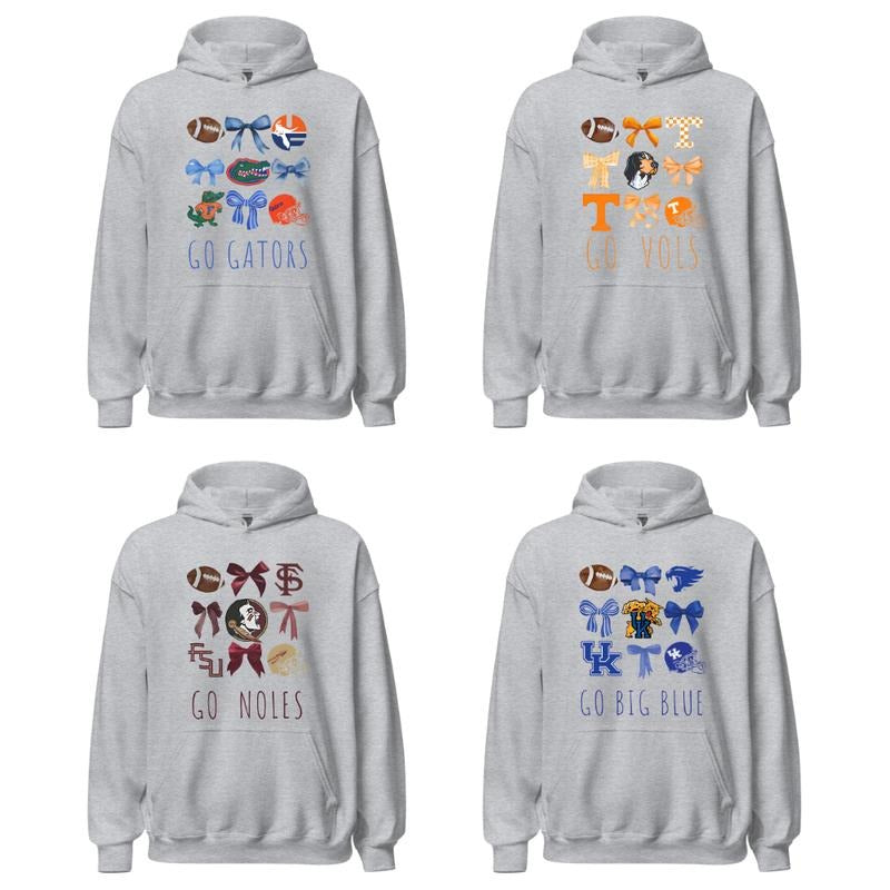 Vintage College Football Bow Ash Hoodie, Retro Football Coquette Hoodie, NCAA College All Team Football for Fan, Casual Game Day Shirt for Women Fit Womenswear ncaa fan