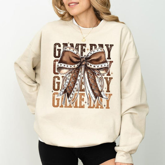 Vintage Coquette Bow Football Game Day Sweatshirt, Girly Football Crewneck for Girls, Fall Sports Sweater For Women, Touchdown Season Sweatshirt, Game Day Crewneck for Women,  Comfy Long Sleeve Pullover, Women's Tops, Casual Womenswear, Soft Cotton Fabric