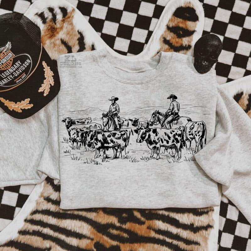 Vintage Cowboys & Cattle Scene Sweatshirt, vintage crewneck sweatshirts, western outfit women, cowgirl outfits, western clothing stuff tops, country concert outfits, western style clothes
