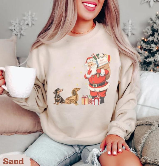 Vintage Dachshund Santa Christmas Sweatshirt, Dachshund Christmas, Dachshund gift for dog mom, Doxie mom, Long haired Dachshund, Doxie tee