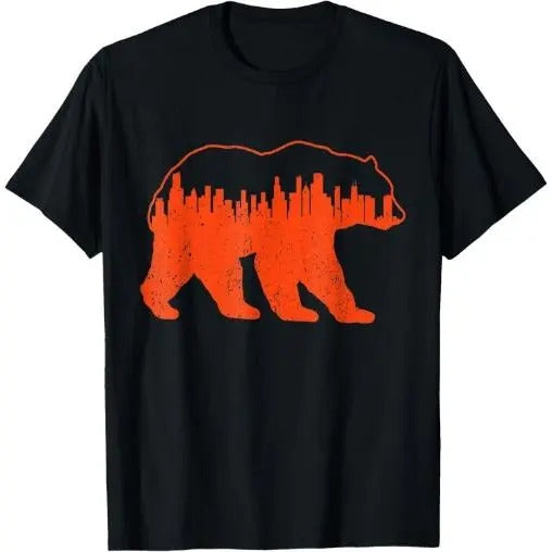 Vintage Downtown Chicago City Skyline Walking-Bear Novelty T-Shirt Made in USA