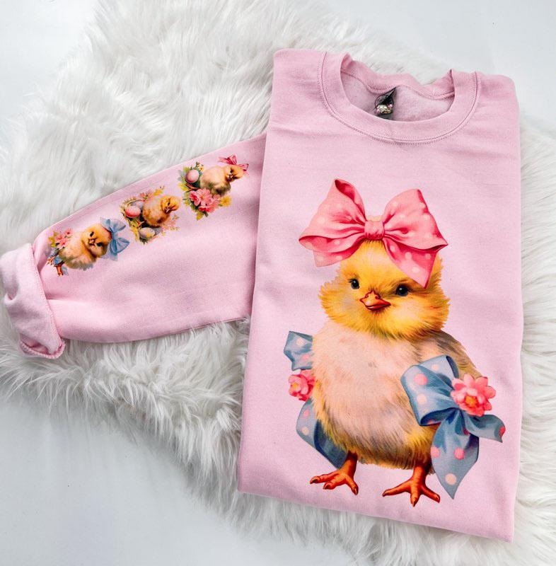 Vintage Easter Chicks Sweatshirt with sleeve print Fabric Womenswear Comfy