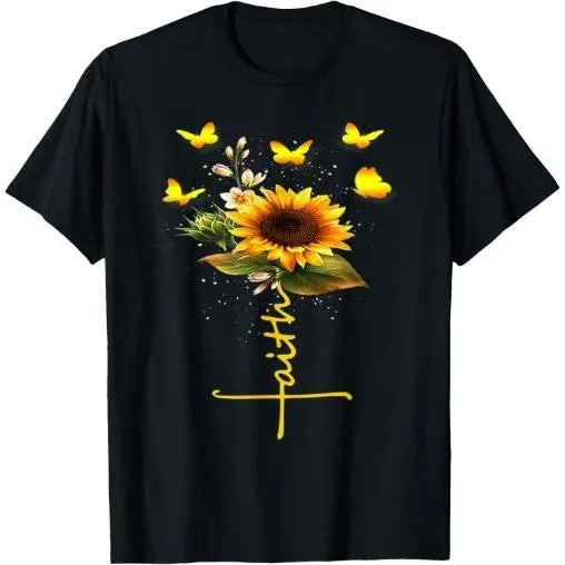 Vintage Faith Cross Sunflower Butterflies Flowers Christians T-Shirt Made in USA