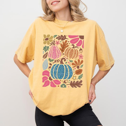 Vintage Fall Leopard Pumpkin T-shirt Comfort Colors, Autumn Pumpkins Tees, Boho Floral Tshirt for Girls, Fall Vibes Shirts for Women, Gift Ideas for Her, Casual Women's Tops, Cotton Fabric Womenswear