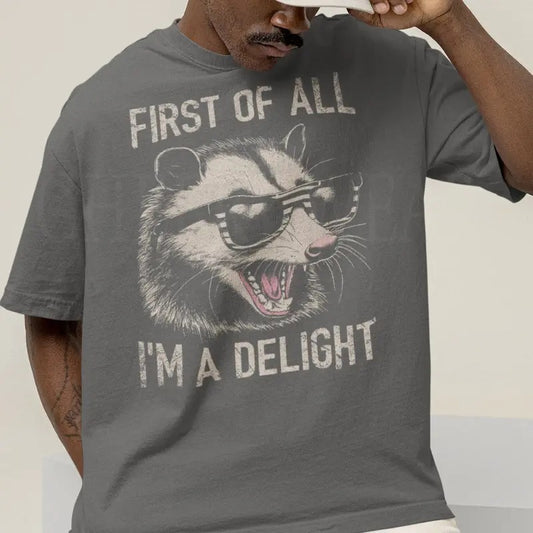 Vintage First Of All I'm A Delight Shirt, Retro Funny Raccoon Sweatshirt, Full Sizes, Full Colors, Unisex Shirt for Men And Women