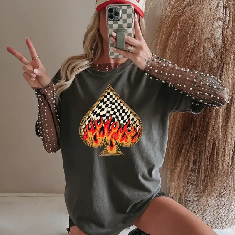 Vintage Flaming Checkered Spade T-shirt, vintage crewneck sweatshirts, western outfit women, cowgirl outfits, western clothing stuff tops, country concert outfits, western style clothes