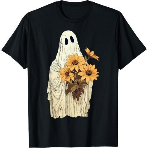 Vintage Floral Ghost Sunflowers Spooky Halloween Graphic T-Shirt Made in USA