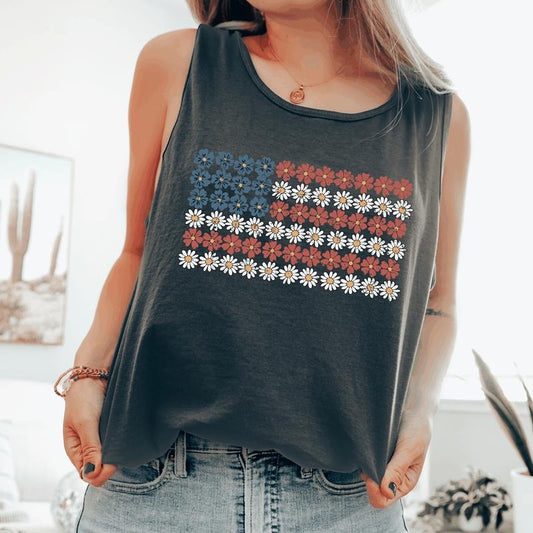 Vintage Flower Flag, Fourth of July, America, Patriotic, USA Comfort Colors Tank Top, Women's Comfort Colors Tank Top