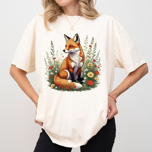 Vintage Flower Fox Shirt Comfort Colors, Fairycore T-shirt, Cute Fox Crewneck, Forest Animal Short Sleeves Pullover, Gift for Her, Floral Fox Womenswear