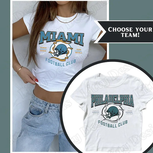 Vintage Football Baby Tee, All Teams Available, Sports Team Football Tee, Retro Cropped Tees for Fall Fit Outfit Cotton Short Womenswear Athletic Simple Slim Style Shirt Tops