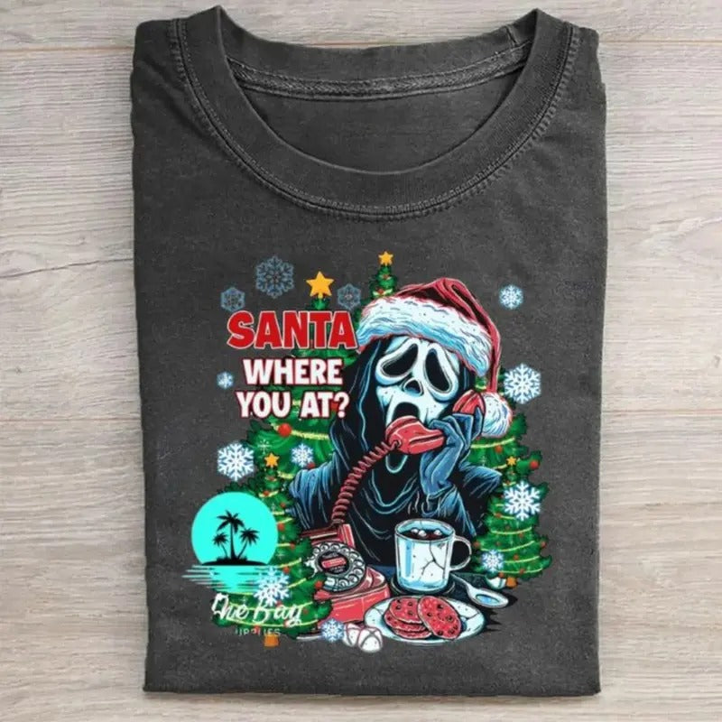 Vintage Funny Ghostface Calling Santa "Where You At?" Graphic Tee - Ghostface Christmas Shirt - Scream Movie Shirt - Merry Christmas - Christian Christmas - Santa Claus - Christmas Gifts