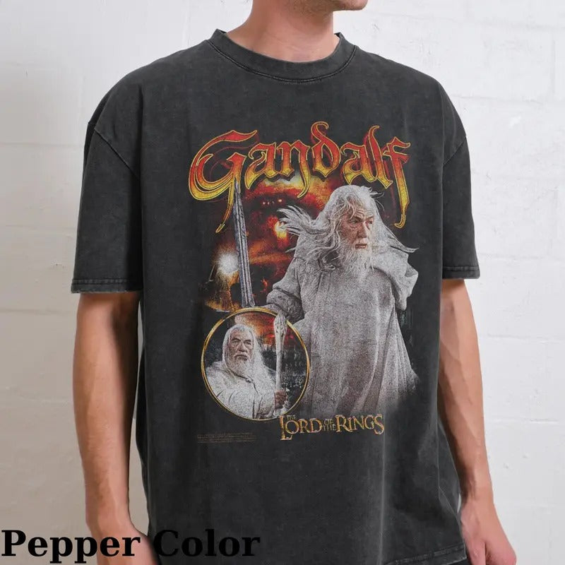 Vintage Gandalf Graphic Tee - The Lord of The Rings Movie Shirt - Grey Wizard - Middle Earth - The Hobbits - J.R.R. Tolkien - Men's Top - Menswear Hoodie Tshirt
