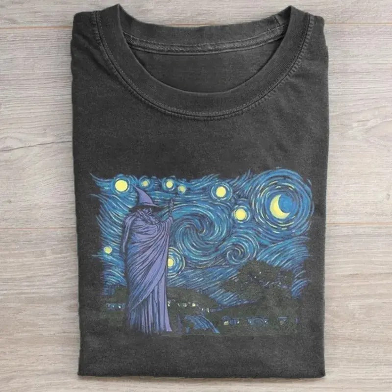 Vintage Gandalf Van Gogh The Starry Night Parody Graphic Tee - The Lord of The Rings Shirt - Menswear, Top Hoodie Tshirt