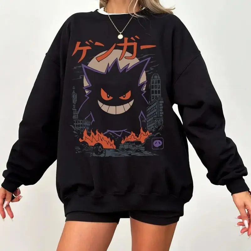 Vintage Gengar Japanese Cotton T-Shirt, Sweatshirt  Unisex Menswear Casual Clothing Tops Sweaters
