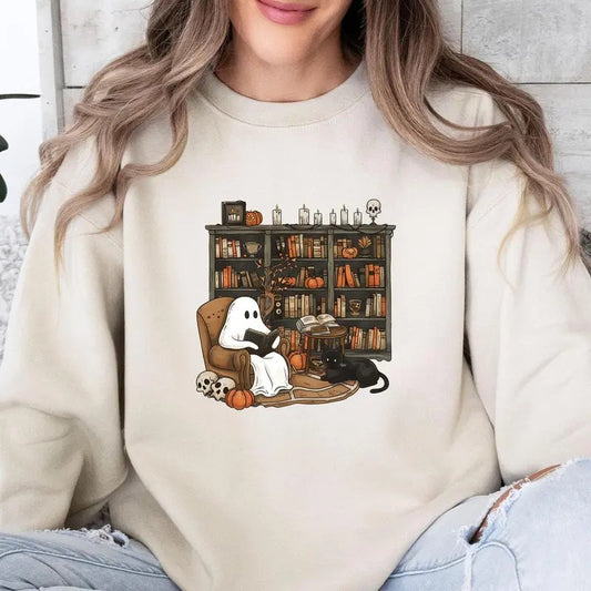 Vintage Ghost Reading Book Sweatshirt, Black Cat Ghost Sweater, Halloween Reading Ghost T-Shirt, Halloween Bookish Tee Shirt, Gift For Book Lovers