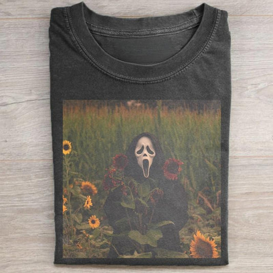 Vintage Ghostface with Sunflower Graphic Tee - Sceam Movie Shirt - Horror Movie Shirt - Cute Halloween Art Merch - Iconic Villains From Horror Films - Horror Movie Shirt - Spooky Season - Trick or Treat - Fall Season