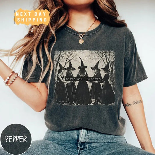 Vintage Girls Will Be Girls Witch  T-shirt, Funny Witch Vintage Shirt, Vintage Halloween Women Shirt, Witchy Vibes Shirt Cotton Fit