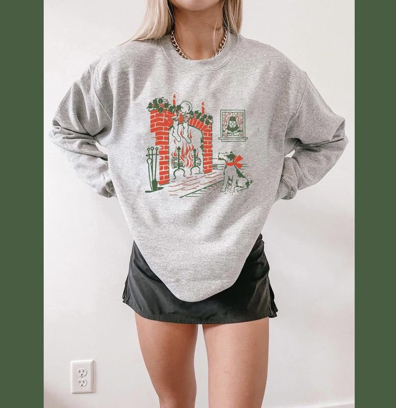 Vintage Grandma Christmas Sweatshirt - Retro Dog by Fireplace Holiday Crewneck Sweater - Dog Christmas Sweatshirt