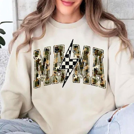 Vintage Grunge Camo Mama Checkered Lighting Bolt Crewneck Sweatshirt, Camo Lovers Tee, Outdoors Mom Gifts, 100% Cotton Graphic Shirt