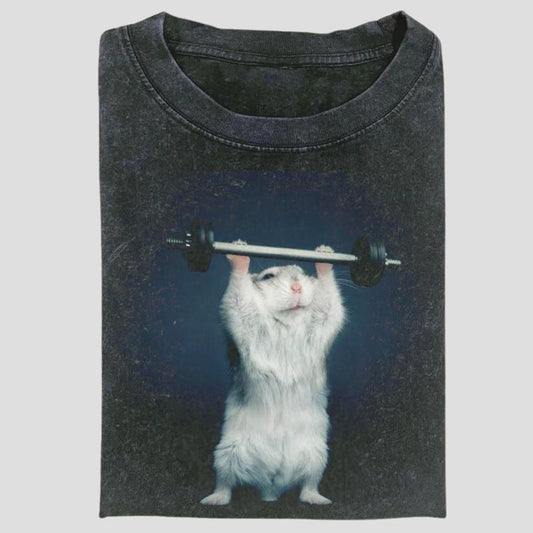 Vintage Gym Hamster Graphic Tee, Funny Lifting Meme Animal Shirt, Buff Rodent Fitness Aesthetic, Unisex Menswear Womenswear Top