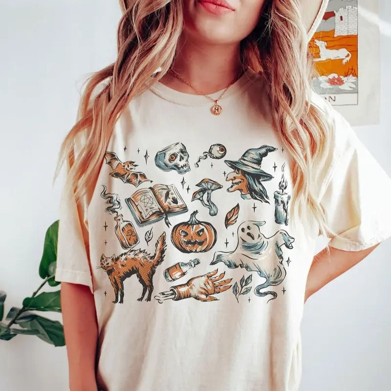 Vintage Halloween doodles t-shirt, Halloween things shirt, cute Halloween t-shirt, witch t-shirt,   halloween merchandise , Casual magic tee Top Womenswear