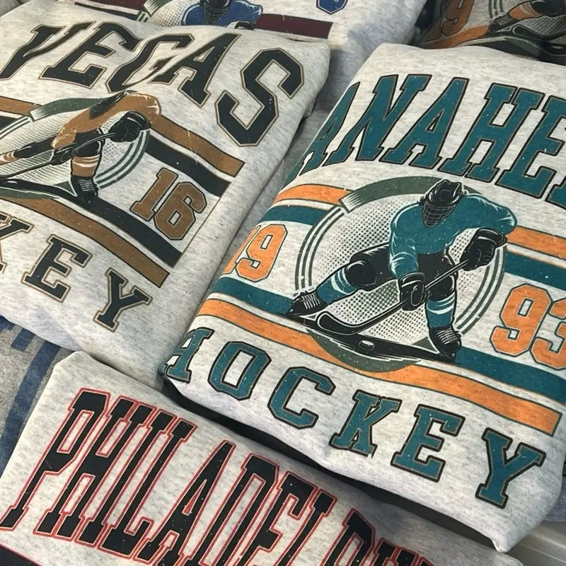 Vintage Hockey Graphic Sweatshirts Sports Hockey City Pullovers Retro Sports Sweatshirts Casual Hockey Game Top