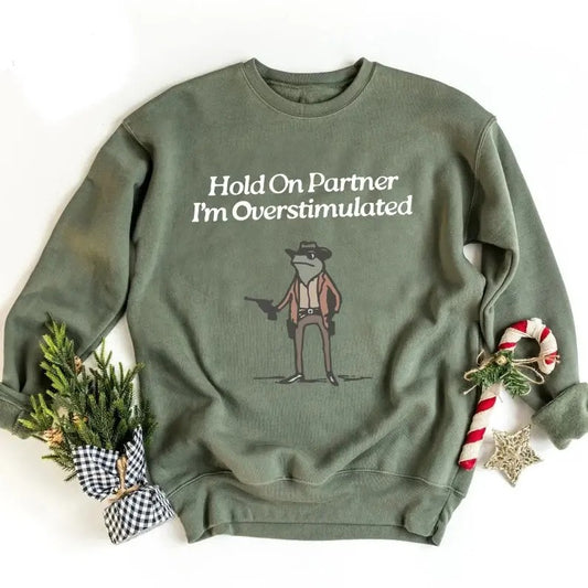 Vintage Hold On Partner I'm Overstimulated Sweatshirt, Retro Cowboy Frog Sweatshirt, Weirdcore Clothing Gen Z Sweater, Weird Funny Sweater