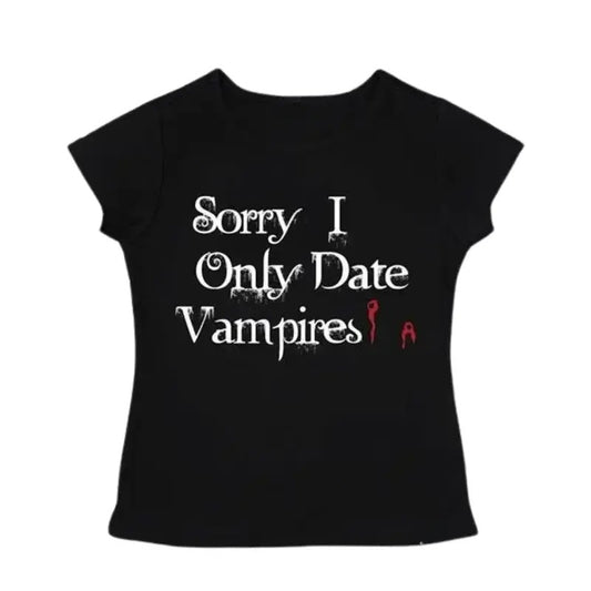 Vintage I Only Date Vampires Baby Tee, Y2k Top Women Streetwear, Gothic Emo Girl Baby Tee, Grunge 2000s, Casual Cotton Short Sleeve, Gift For Girlfriend