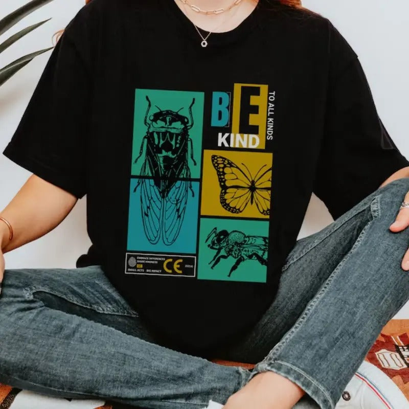Vintage Insect Shirt, Be Kind To All Kinds Bug Tshirt, Cicada Butterfly Bee Entomology Aesthetic Tee, Teacher Inspirational Gift for Him Her Top Menswear