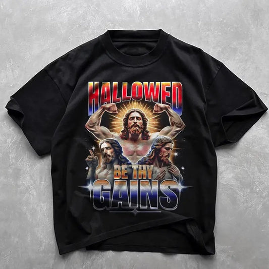 Vintage Jesus Graphic T-shirt, Hallowed Be Thy Gains Funny Gym Shirt, Graphic Tee Gift For BoyfrIend Girlfriend