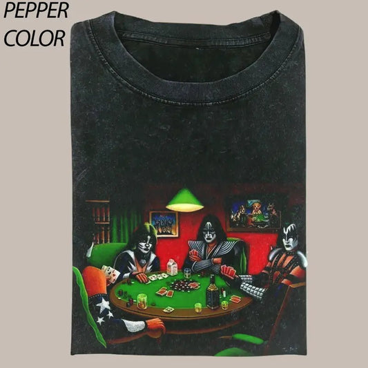Vintage Kiss Band Playing Poker Crewneck T-shirt, Iconic Rock Band Graphic Tee, Valentine's Day For Him, Valentine's Gift For Boyfriend Menswear Top