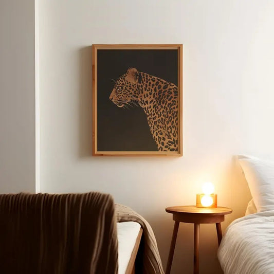 Vintage Leopard on Black Background Print Minimalist Safari Animal Wall Decor Retro Outdoors Poster African Savannah Cabin Cottage Wall Art