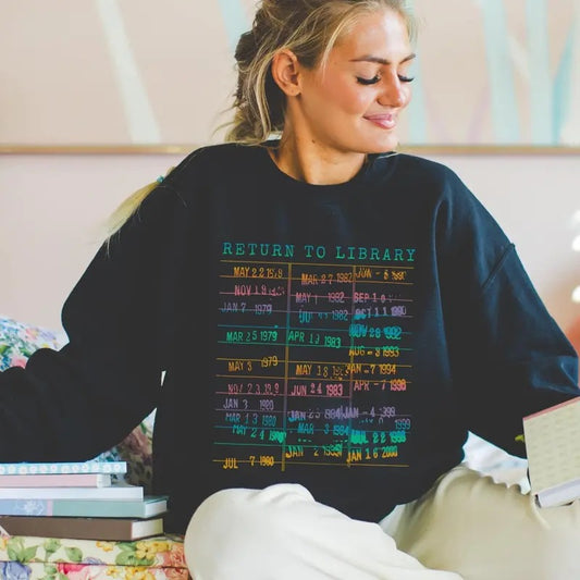 Vintage Library Rainbow Sweatshirt Return To Library Card Book Due Date Shirt Reader Gift For Her Him Librarian English Teacher Crewneck Cotton Womenswear