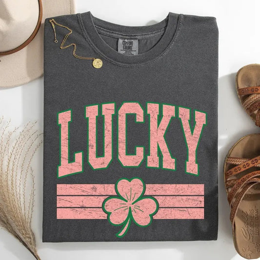 Vintage Lucky, Collegiate, Varsity, Stripes, St Patrick's Day, Shamrock, Clover, Lucky, Leprechaun Tshirt, Women's Comfort Colors Tee