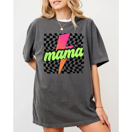 Vintage Mama, Checkered, Lightening Bolt, Colorful, Mother, Mom, Retro Shirt, Women's Comfort Color Tee, Tshirt