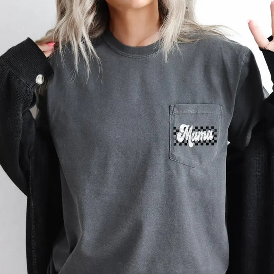 Vintage Mama, Checkered, Retro, Pocket Tee, Women's Comfort Colors Tee